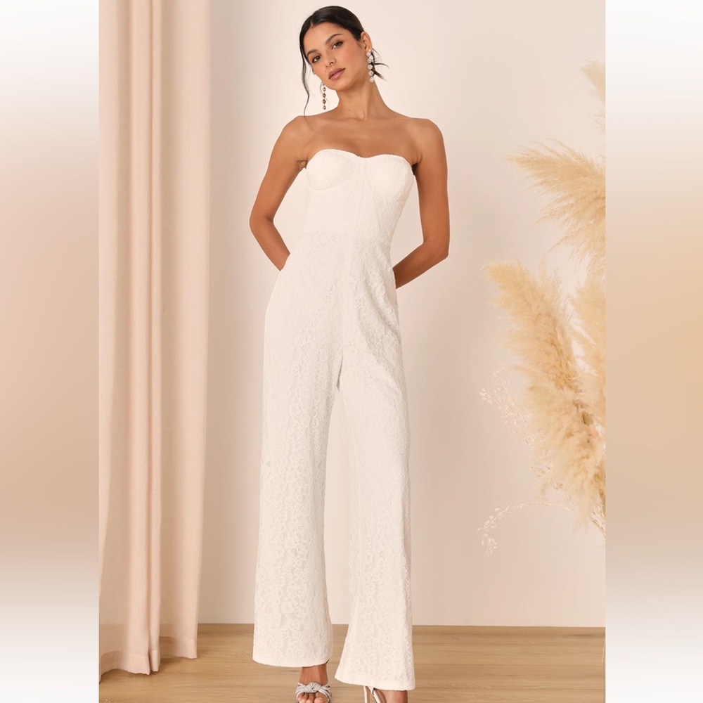 Eternal Perfection White Lace Strapless Bustier Jumpsuit